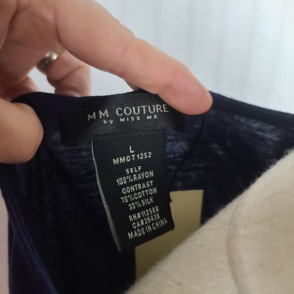 Miss Me M M Couture Blue Sleeveless Ruffled front Jersey Knit Stretch Blouse NWT - Picture 7 of 9